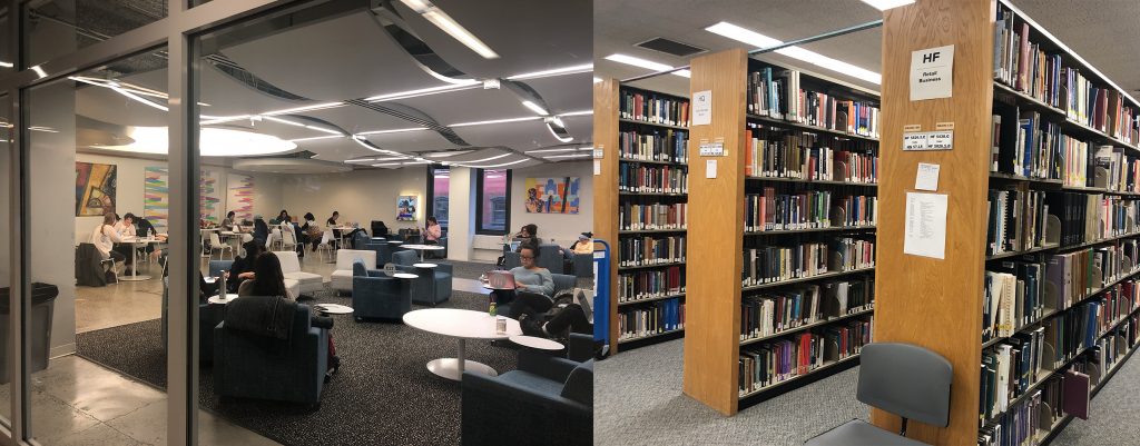 FIT校舎内Student Lounge（学生ラウンジ）、Library（図書館）